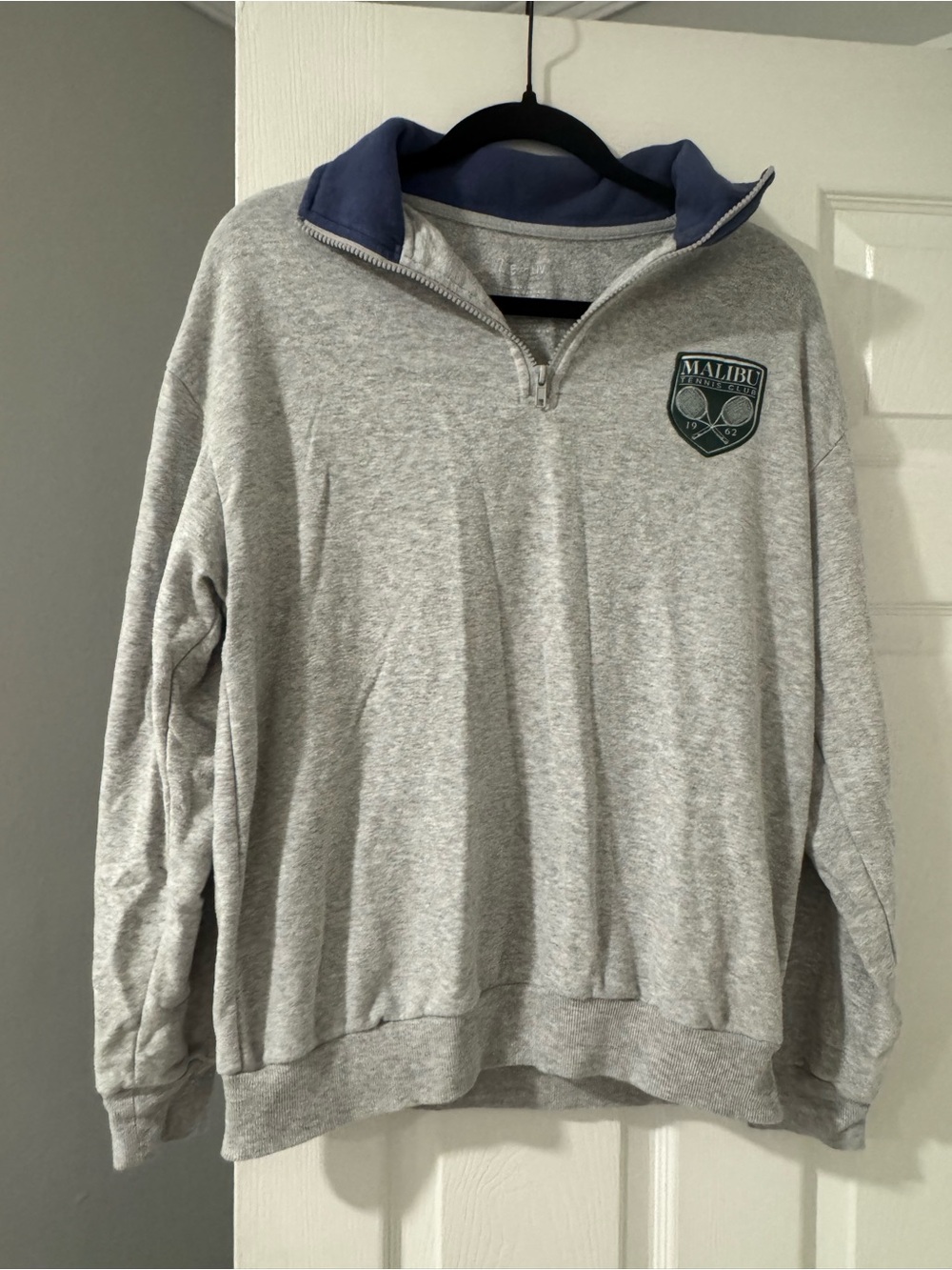 Malibu Light Gray Half-Zip Sweatshirt with Blue Inner Collar
